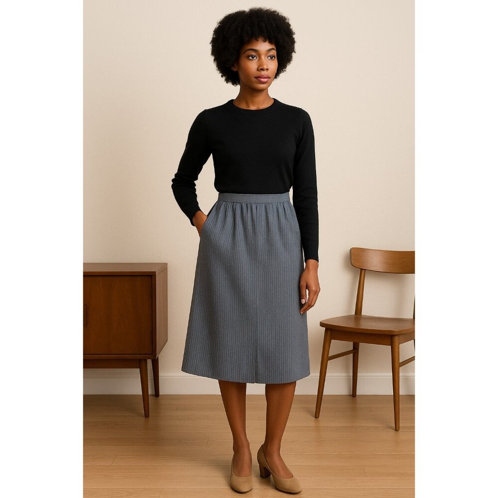 Vintage 70s 80s Plum Tree Wool Blend Pinstripe Midi Skirt Blue Gray Pockets 7/8